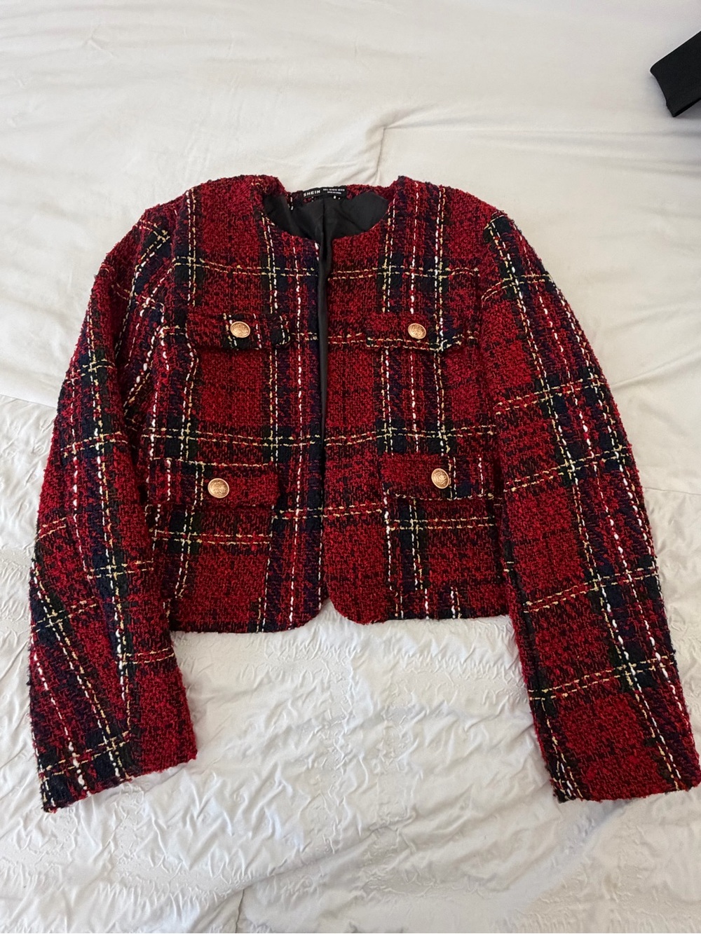 SHEIN Red Plaid Tweed Cropped Blazer with Gold Buttons